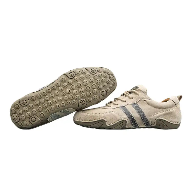 Men's Beige Genuine Leather Casual Sneakers, Retro Lace-Up Walking Shoes