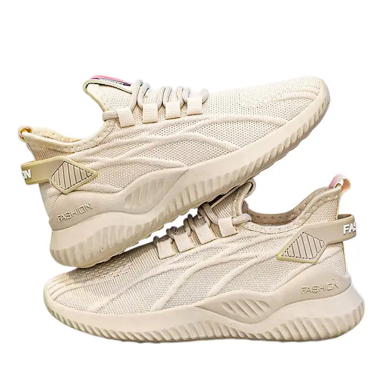 Women’s Beige Lightweight Knit Sneakers | Breathable Soft Sole Casual Walking Shoes