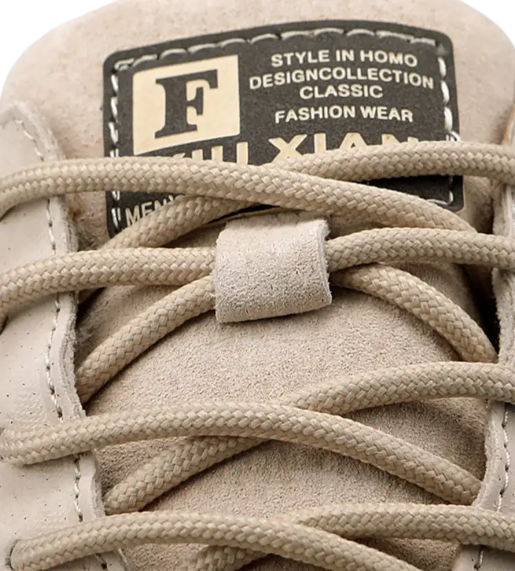 Men's Beige Genuine Leather Casual Sneakers, Retro Lace-Up Walking Shoes